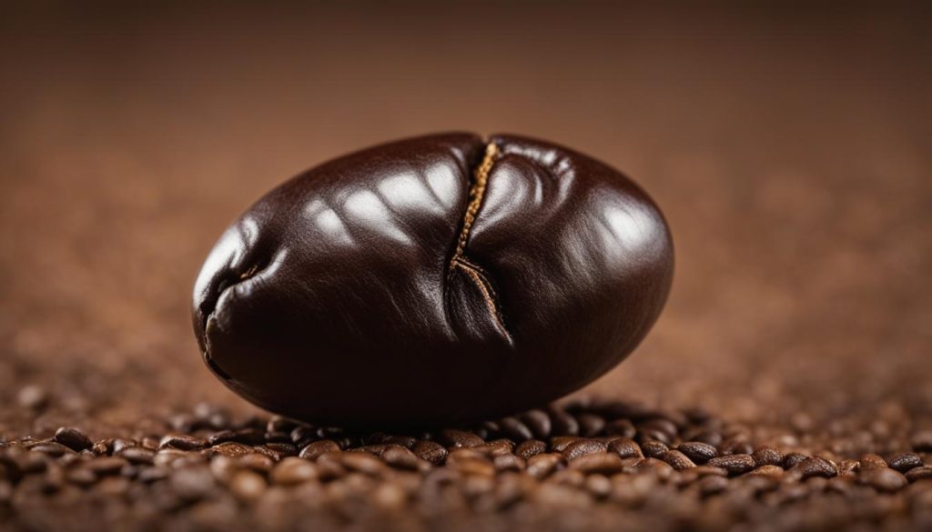A close-up of a single Arabica coffee bean, highlighting its smooth, curved shape and deep brown color. The background should be blurred and out of focus to draw attention to the bean itself. Light should reflect off the surface of the bean to create a subtle sheen.