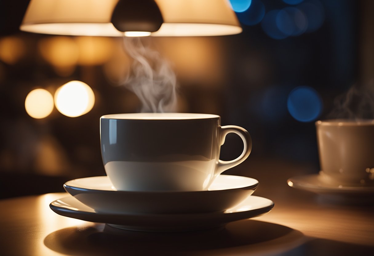 A steaming cup of decaf coffee sits on a cozy table, surrounded by the soft glow of a lamp and the quiet of the night