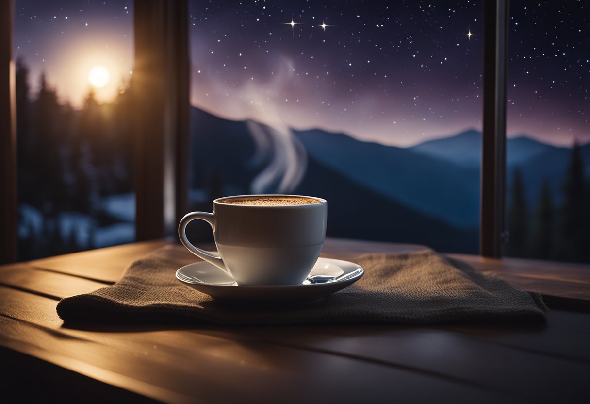 A steaming cup of decaf coffee sits on a cozy nightstand, surrounded by a serene nighttime scene with a starry sky and a moon shining through the window