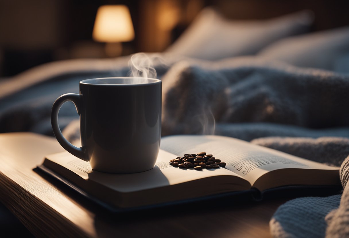 A steaming mug of decaf coffee sits on a bedside table at night, with a cozy blanket and a book nearby