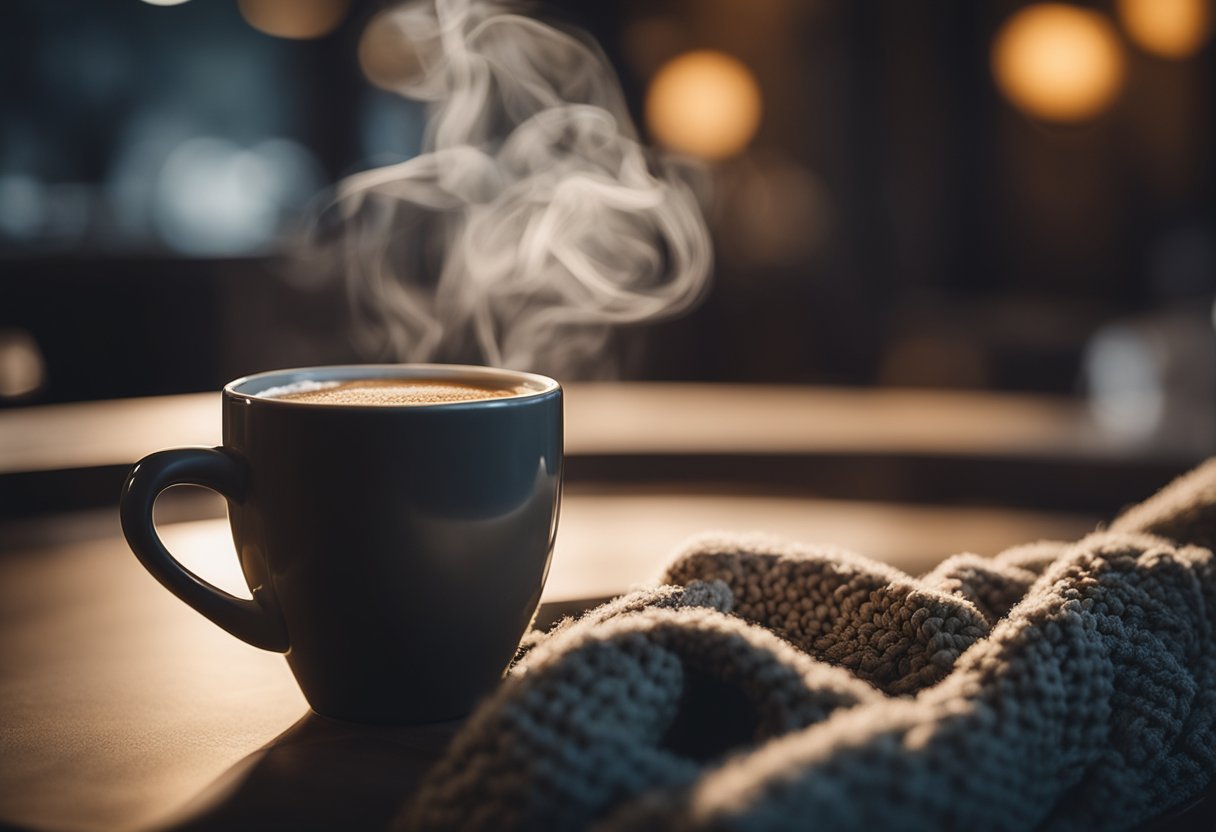 A steaming cup of decaf coffee sits on a table in a dimly lit room, with a cozy blanket draped over a nearby chair