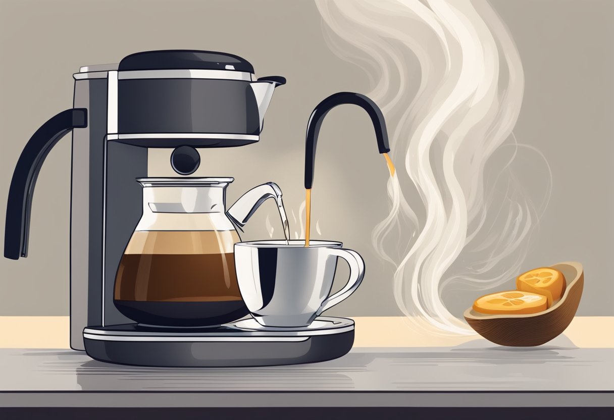 A kettle pours hot water into a cup. A stream of espresso is added. The two liquids blend to create a rich americano coffee