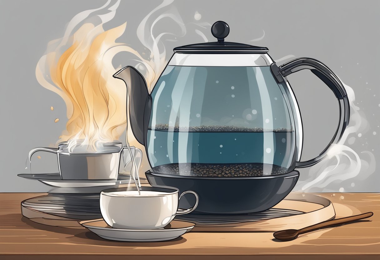 Water boils in a kettle. Coffee grounds are added to a cup. Hot water is poured over the grounds. The coffee is stirred