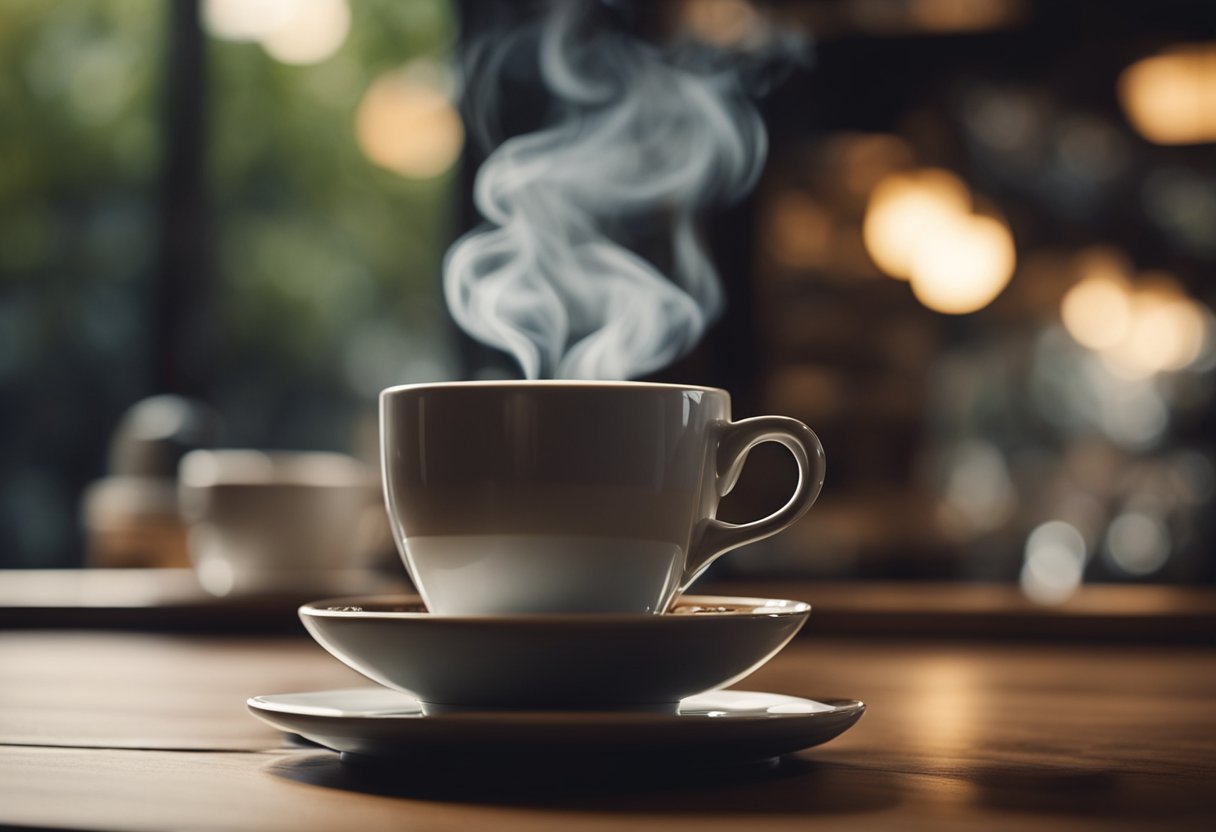 A steaming cup of decaf coffee sits on a table, surrounded by a cozy café atmosphere. The steam rises as the rich aroma fills the air