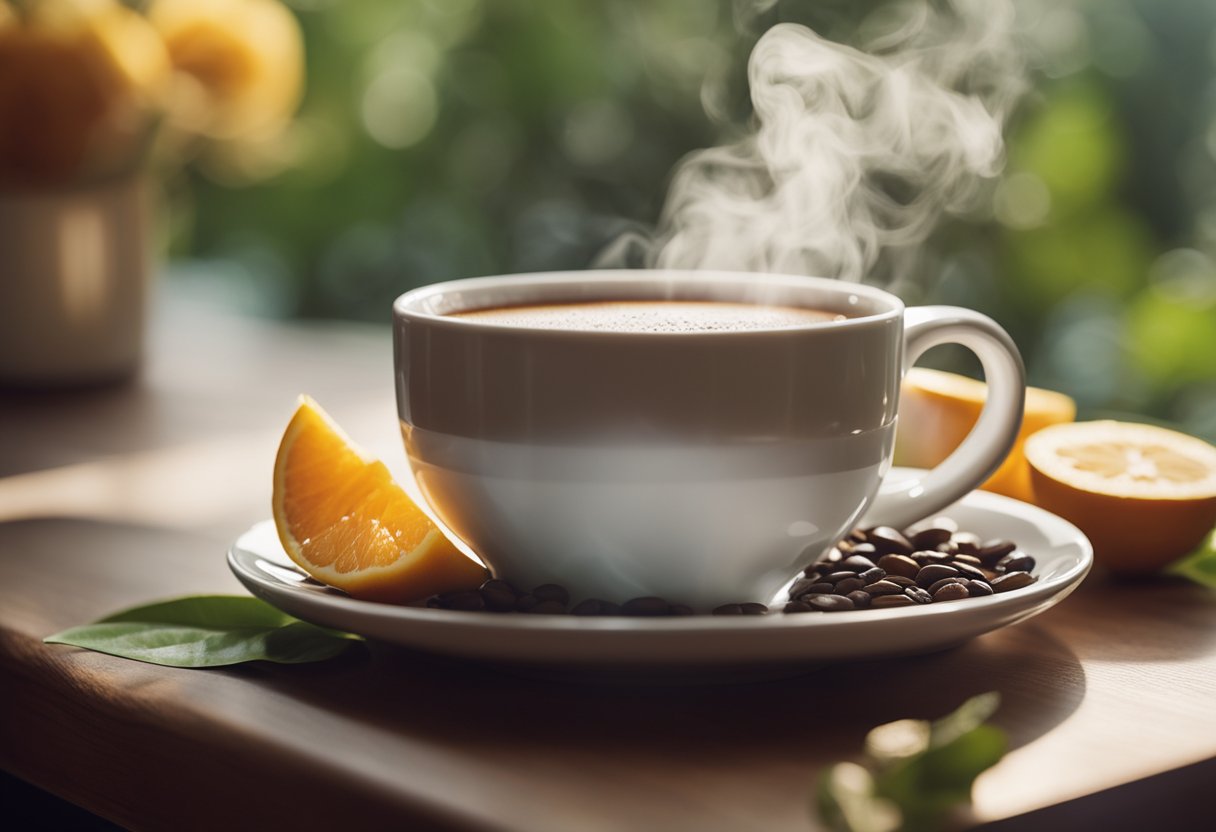 A steaming cup of decaf coffee sits on a table, surrounded by images of healthy activities such as yoga, running, and fresh fruits