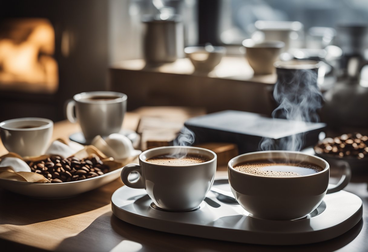 A steaming cup of decaf coffee sits on a table, surrounded by various health-related items such as a blood pressure monitor, a heart rate monitor, and a nutrition guide