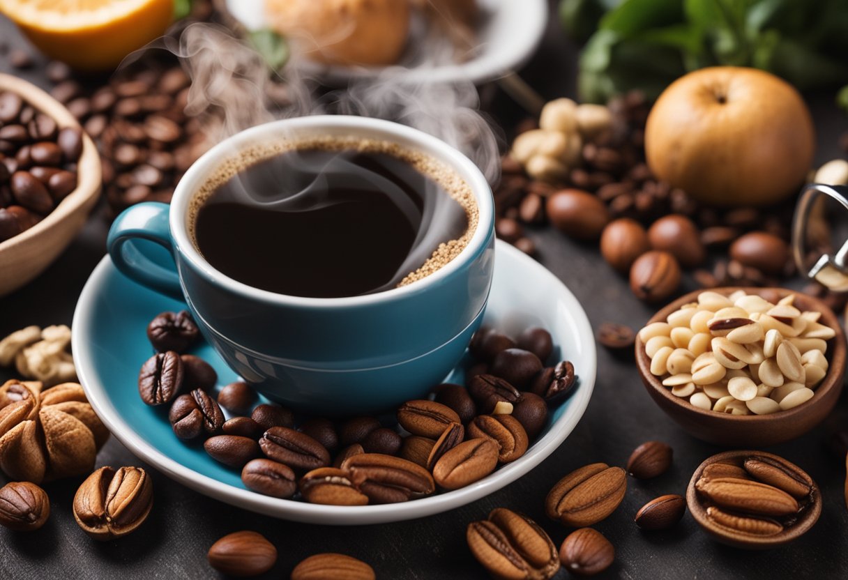 A steaming cup of decaf coffee surrounded by a variety of healthy food options, such as fruits, nuts, and whole grains