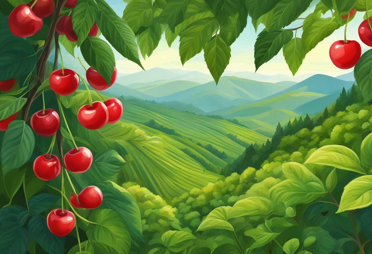 A lush, mountainous landscape with rich soil and ample shade. Bright red cherries hang from the branches of Arabica coffee trees, surrounded by vibrant green leaves