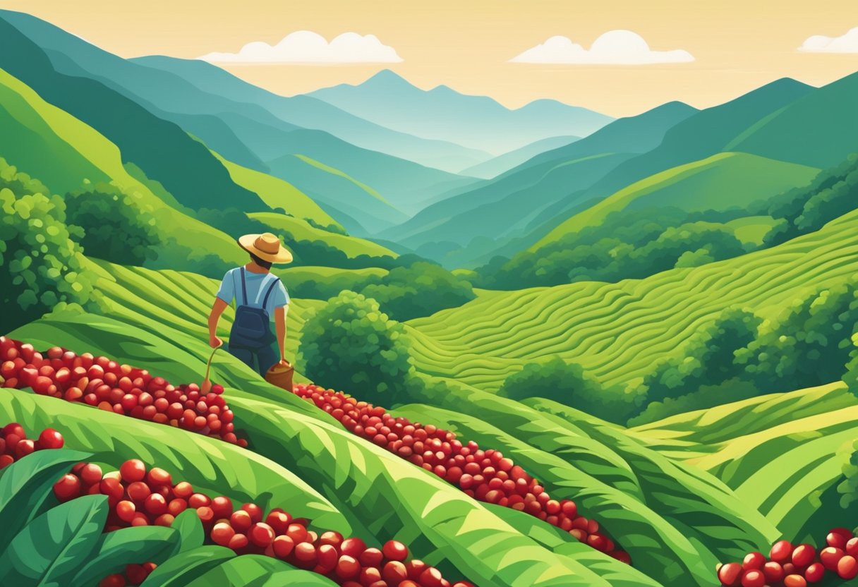 Lush green mountains, vibrant red cherries, and a gentle breeze. A farmer carefully picks the ripe coffee beans, while a stream glistens in the background