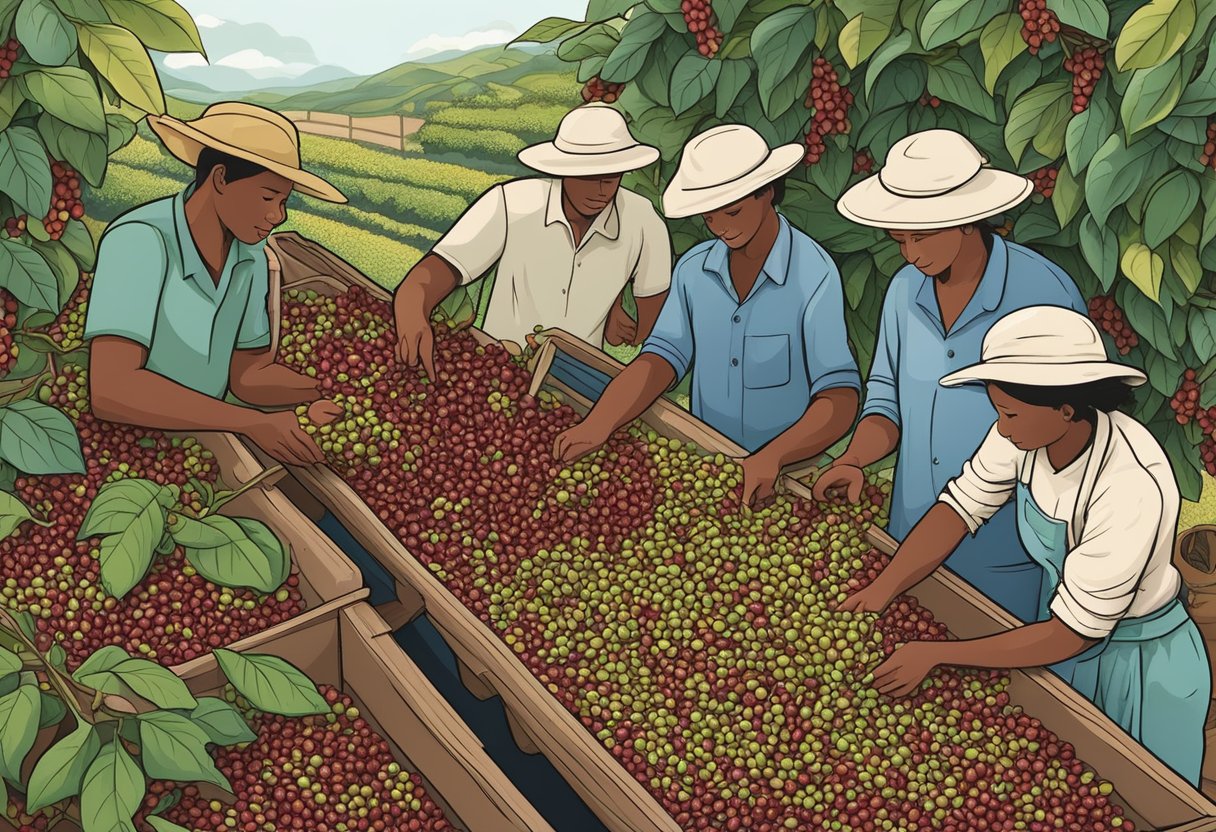 Coffee cherries being picked, washed, and dried on raised beds. Then, the beans are hulled and sorted by hand