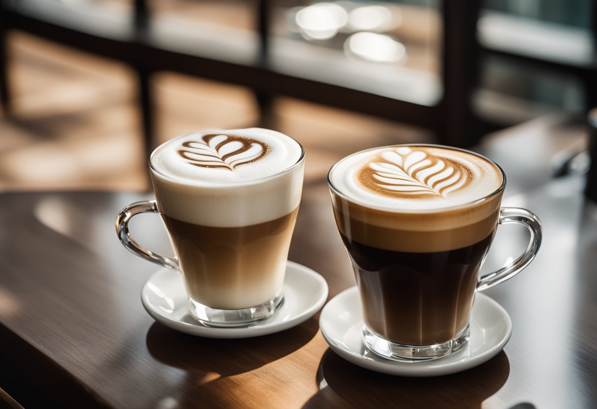 A latte and macchiato sit side by side, showcasing their contrasting layers of milk and espresso