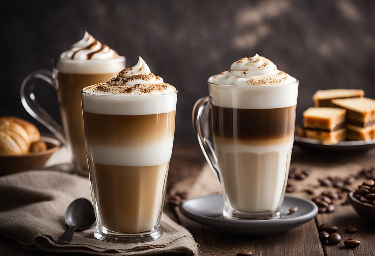 A latte and macchiato sit side by side, showcasing their contrasting layers of steamed milk and espresso. The latte's creamy foam floats atop the coffee, while the macchiato's espresso boldly marks the milk below