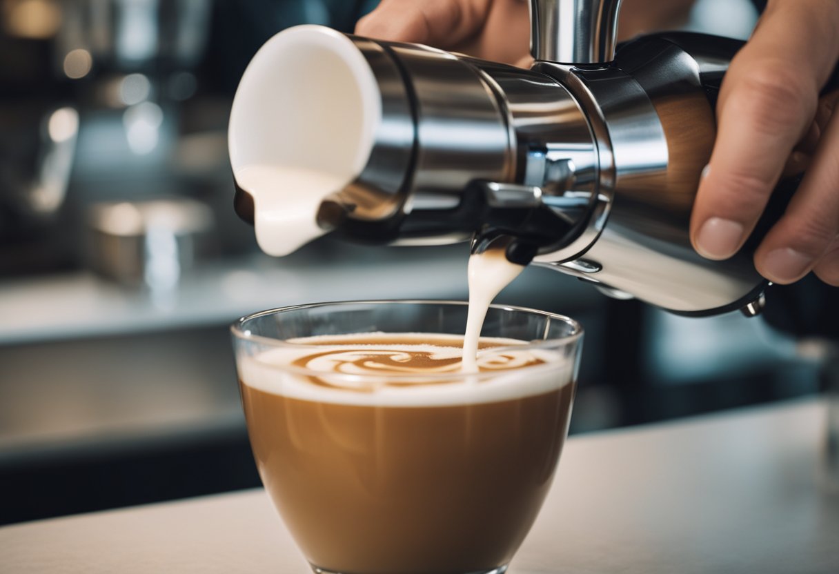 A barista pours steamed milk into espresso for a latte, while a dollop of foam tops an espresso for a macchiato