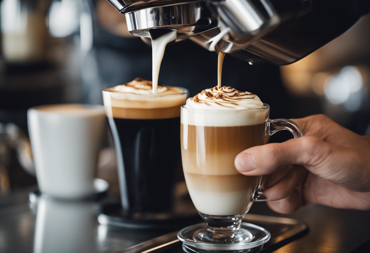 A barista pours steamed milk into a latte, creating a smooth, creamy layer. In contrast, a dollop of foam sits atop a rich espresso in a macchiato