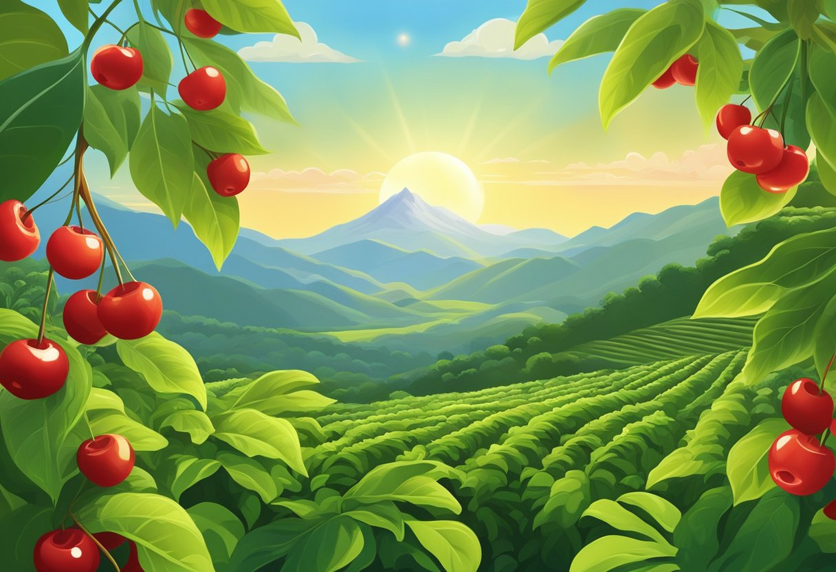 A lush mountainous landscape with vibrant green coffee plants and ripe red cherries, surrounded by a warm, sunny climate